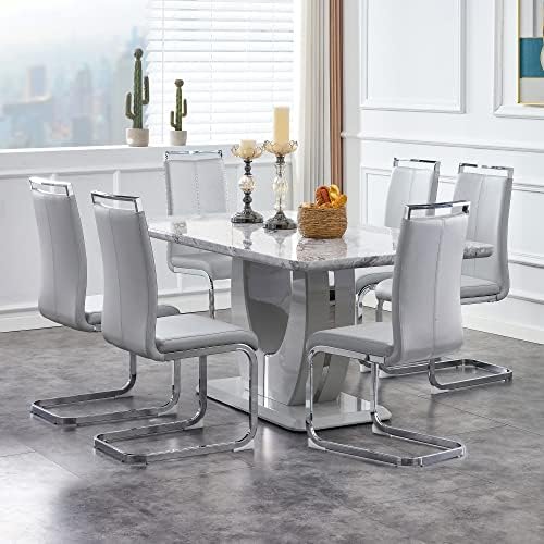 JUFU 7 Piece Dining Table Set for 6, 63 Inch Faux Marble Rectangular Kitchen ...