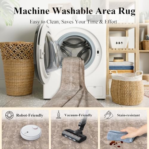 Living Room Washable 8x10 Area Rug Soft Boho Large Carpet Light Taupe