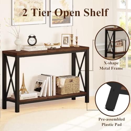 BON AUGURE 2 Tier Console Table for Entryway, Metal Wood Sofa Table Behind Co...
