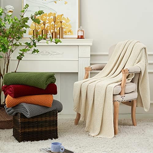 Longhui bedding Chunky Cable Knit Throw Blanket Lightweight Olive Green 100% ...