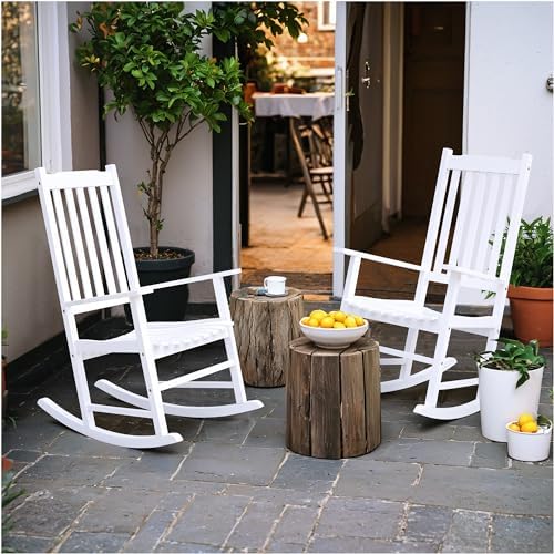 Flamaker Acacia Wooden Rocking Chair Outdoor Rocking Chair (White)