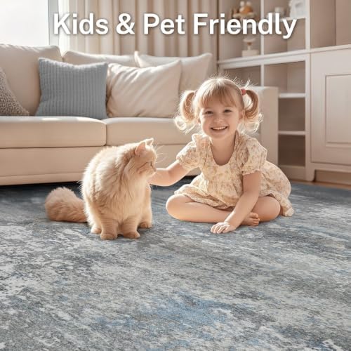 Area Rug Living Room-6X6 Abstract Washable Rug Grey Blue