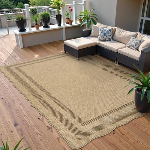 LIVEBOX Scalloped Washable 5x7 Outdoor Rug, Easy Jute Tan Rugs for Living Roo...