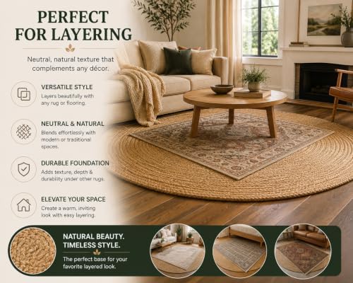 5 ft Round Handwoven 100% Natural Jute Area Rug, Reversible