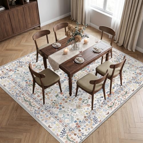 Vintage 8x8 Square Area Rug: Washable Boho Rug Soft Low-Pile Carpet Beige