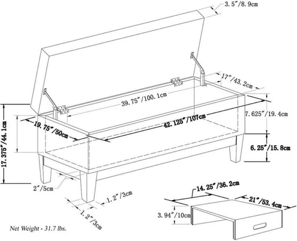 42"W Leather Storage Ottoman Bench with Lift Top and Trays, Footrest wit...