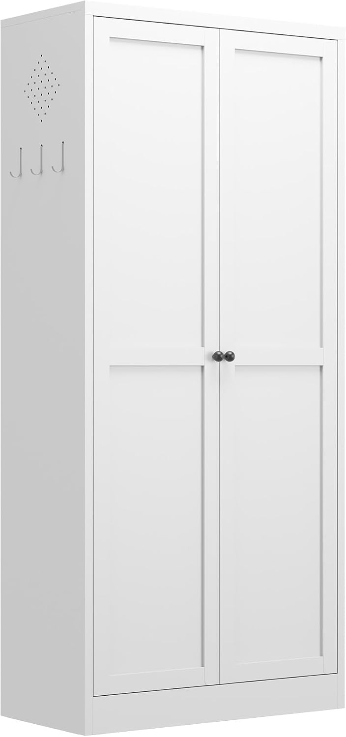61-Inch White Metal Kitchen Pantry Cabinet with 4 Adjustable Heavy-Duty Shelv...