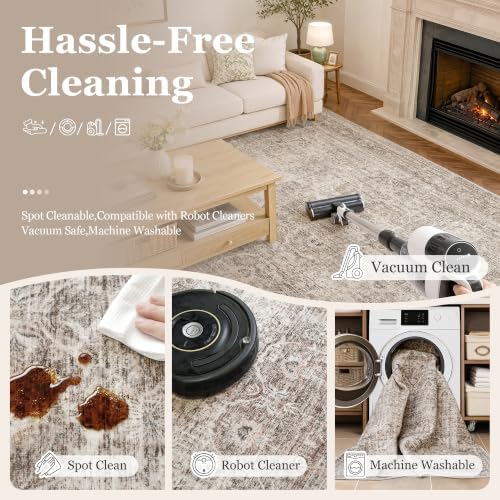 FMFUNCTEX 9x12 Washable Taupe Vintage Distressed Area Rug for Living Room