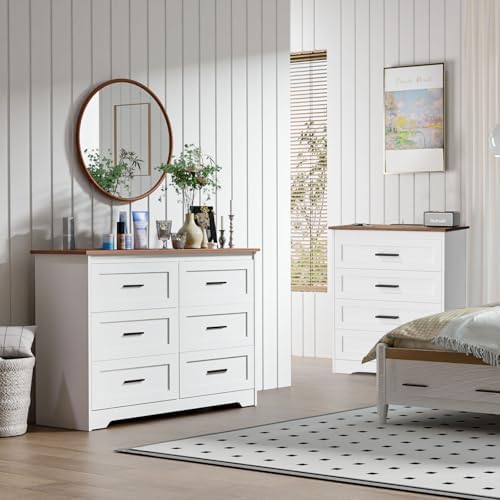 GEPELCN Farmhouse Dresser for Bedroom 6 Drawers Dresser with Power Outlets Ru...