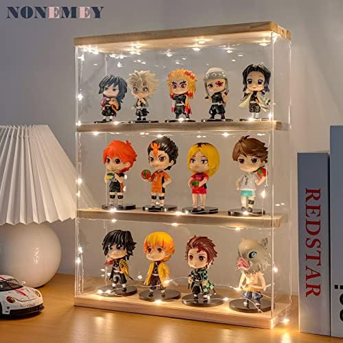 NONEMEY Clear Acrylic Display Case Stand with Wood Base 3 Tier Storage Box Wa...