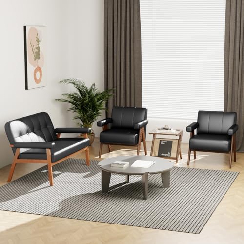 STHOUYN Leather Accent Chairs, Living Room Chair with Wooden Legs (Black)