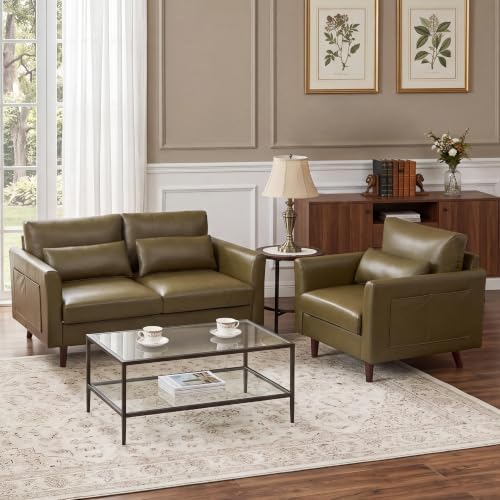 Kingfun Faux Leather Armchair Sofa with Side Pocket,Olive Green