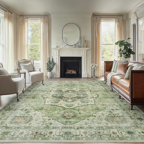 Amada Large 8x10 Washable Area Rug for Living Room, Green, Vintage Style