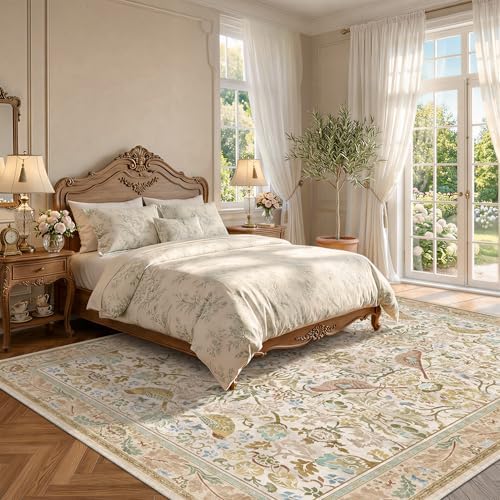 Washable Living Room Rug 8x10 - Country Style Beige Floral Area Rugs for Bedr...