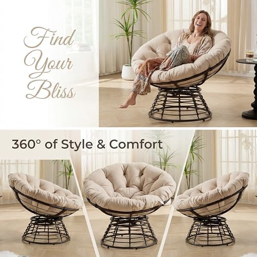 Cushion Papasan Swivel Chair, Ergonomic Wicker Round Chair with Thick Padding...