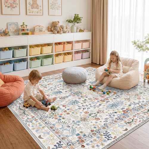 Vintage 8x8 Square Area Rug: Washable Boho Rug Soft Low-Pile Carpet Beige