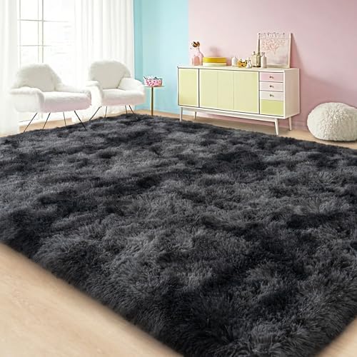 Large Area Rugs for Living Room Bedroom 8x10 Black Grey Shag Rugs