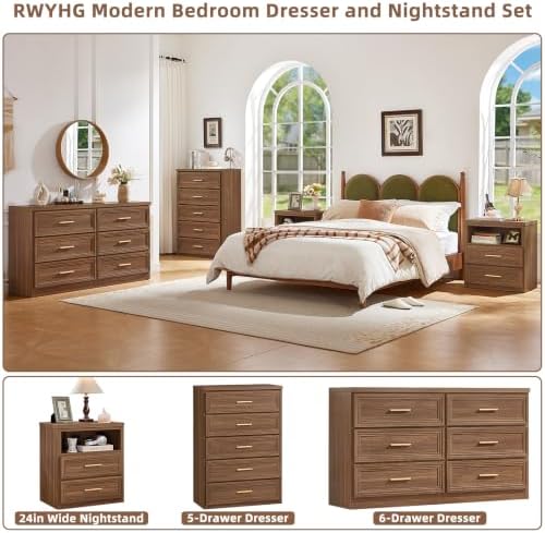 RWYHG 55.1" Wide Farmhouse 6 Drawers Dresser for Bedroom, Light Walnut