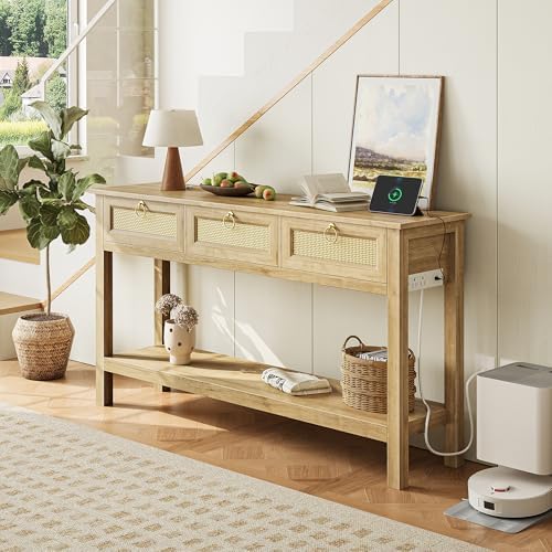SUPERJARE Rattan Console Sofa Table with Outlets and USB-C Port, 3 Drawer Ent...