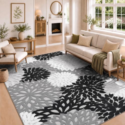 Arenarug 5x7 Area Rugs High-Low Plush Pile Washable Rug, Grey White Black