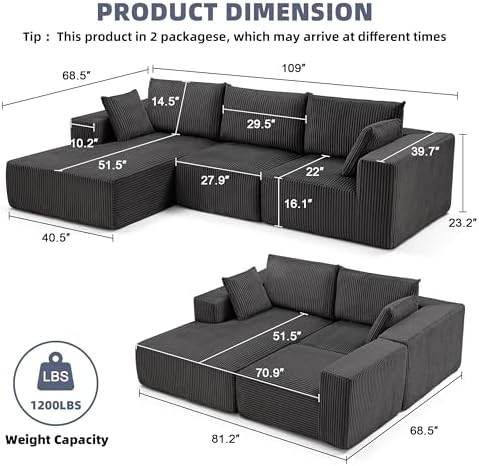 108" Boneless Couch with Chaise, Cloud Sectional Modular Sofa, Darkgrey ...