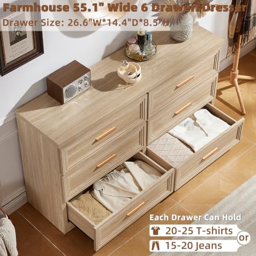 RWYHG 55.1" Wide Farmhouse 6 Drawers Dresser for Bedroom,Natural