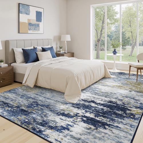 9x12 Area Rug for Living Room, Abstract Washable Large Rugs, Dark Blue