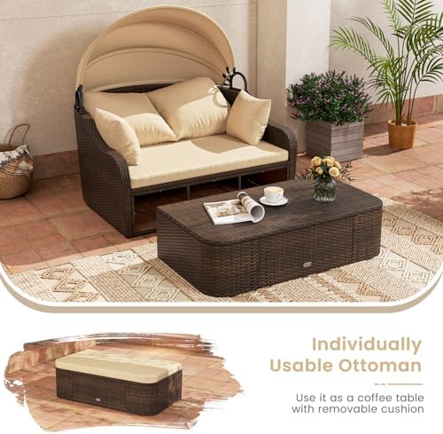 Moccha Outdoor Daybed with Retractable Canopy - PE Rattan Double Chaise Loung...