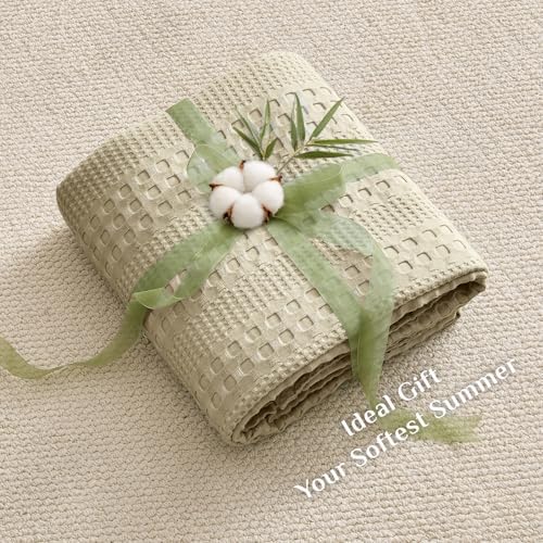 BEDELITE Linen Beige Cooling Waffle Blanket Queen Size for Bed, 90x90 Inch