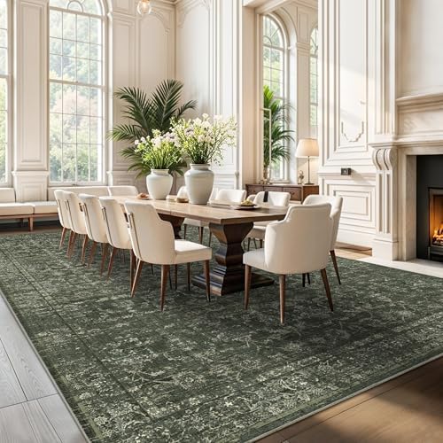 10x14 Washable Living Room Area Rug Soft Boho Dark Green Large Carpet