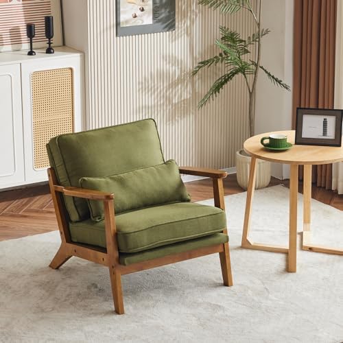 VINGLI Solid Wood Wide Armrests Accent Chair,Upholstered Mid Century Modern C...
