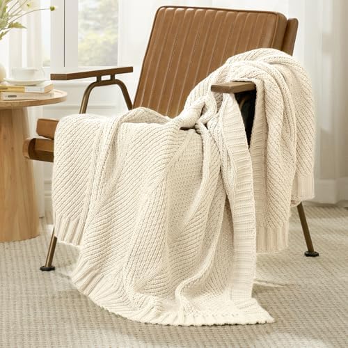Amélie Home Chenille Knit Throw Blanket for Couch, Ivory, 50"x60"