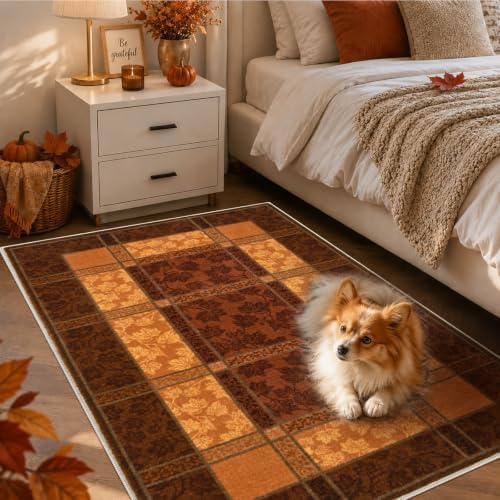 Fall Area Rug 3x5 for Entryway, Plaid Washable Rugs Orange