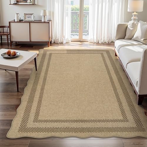 LIVEBOX Scalloped Washable 5x7 Outdoor Rug, Easy Jute Tan Rugs for Living Roo...