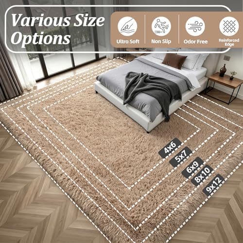 8x10 Area Rug Living Room Bedroom: Fluffy Plush Shag Carpet Beige