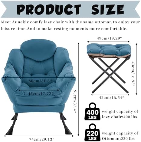 Lazy Chair with Ottoman, Comfy Reading Chair, Blue