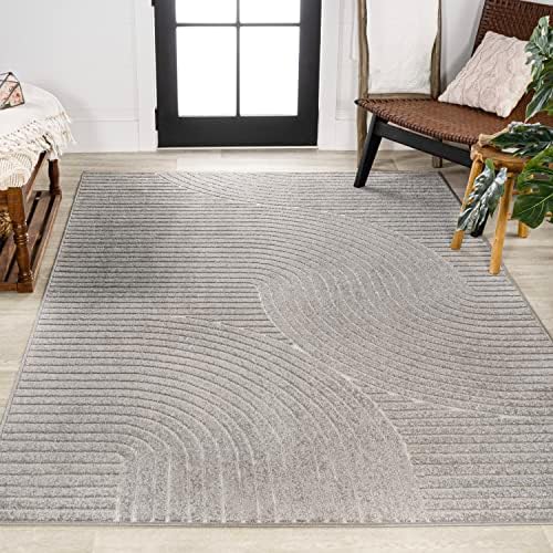 JONATHAN Y Hallie High-Low Curve Gray/Ivory Indoor/Outdoor Area Rug, 6x9, Min...