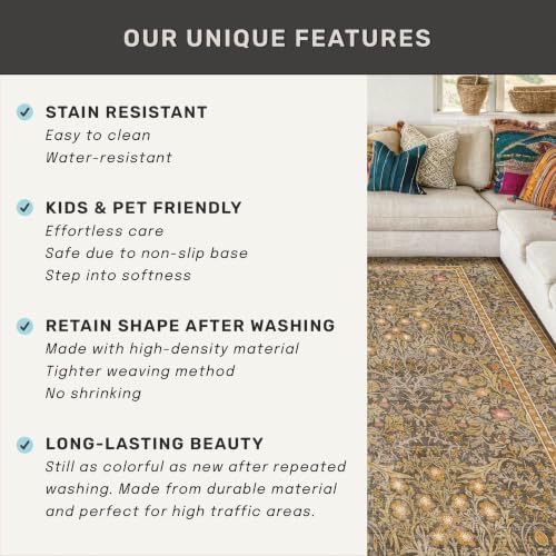 Vintage Floral Living Room Rug 8x10, Gold Brown Washable Area Rugs for Bedroo...