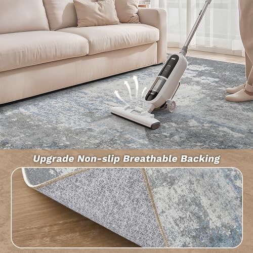 Area Rug Living Room-6X6 Abstract Washable Rug Grey Blue