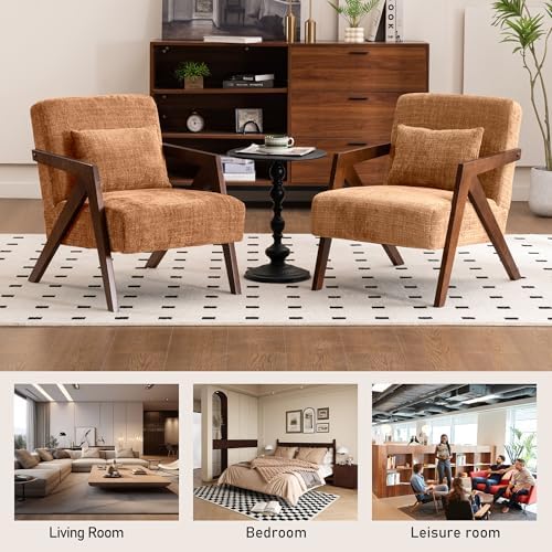 Mid-Century Modern Accent Chair with Solid Wood Frame,Upholstered Chenille Li...