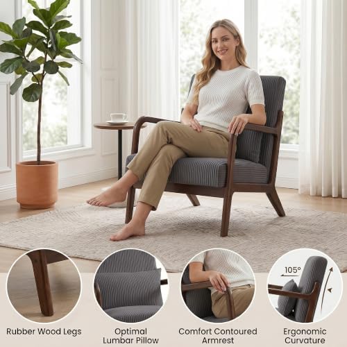 Mid Century Modern Accent Chair, Upholstered Fabric Armchair with Lumbar Pill...