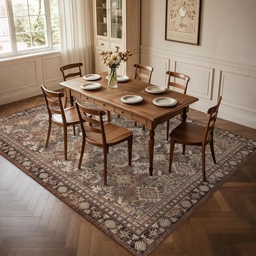 Vintage Living Room Rugs 9x12: Brown Soft Washable Carpet High Traffic Area