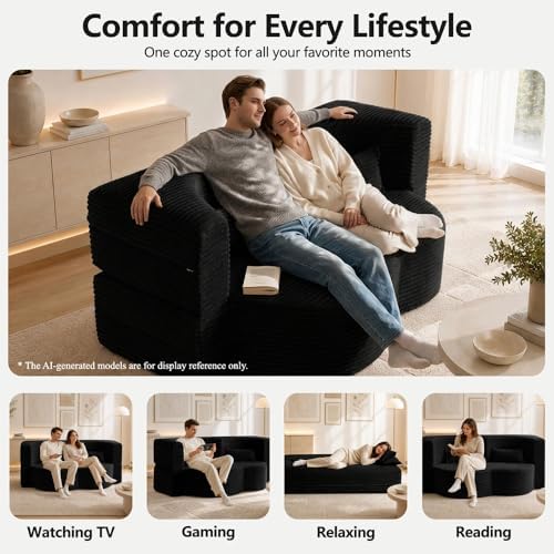 78" Futon Sofa Bed, Full Size Boneless Corduroy Couch Bed (Black)