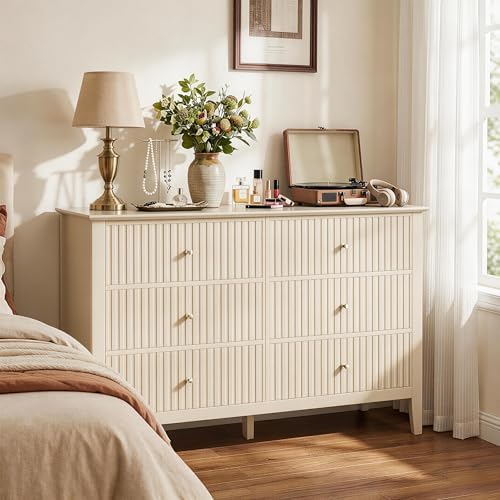 RoyalCraft Beige 6 Drawer Dresser, Fluted Modern Wood Chest of Drawers, Long ...