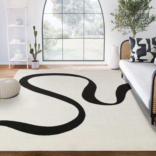 Abani Black and Cream Area Rug | White Abstract Swirl Wave Carpet | 8' x ...