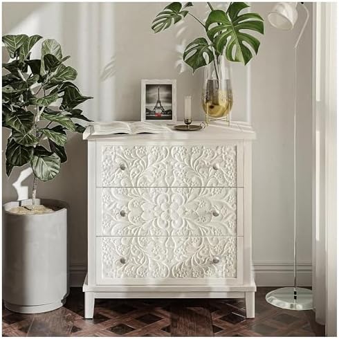 COZAYH Farmhouse 3-Drawer Dresser, Floral Carved, Distressed White-Washed