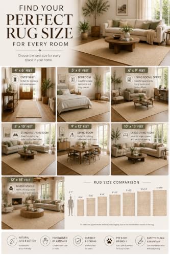 Jute Cotton Area Rug, Hand Woven Farmhouse Carpet for Living Room, Bedroom, D...