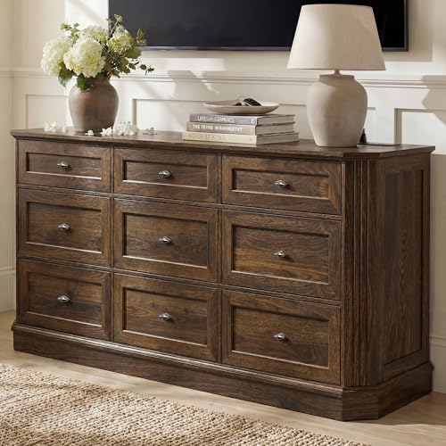 Farmhouse 9 Drawers Walnut Dresser for Bedroom, 63.07" Wide Chest of Dra...