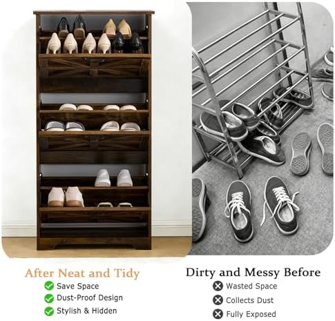 Shoe Storage Cabinet with 3 Flip Drawers, Farmhouse Shoe Organizer with Barn ...