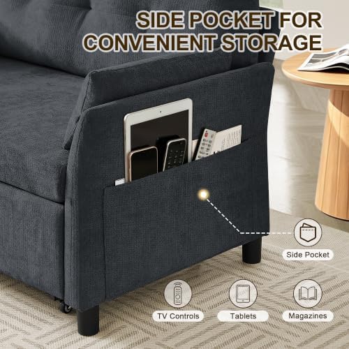 51" Sleeper Sofa Bed with Adjustable Backrest & Side Pockets, Dark Grey